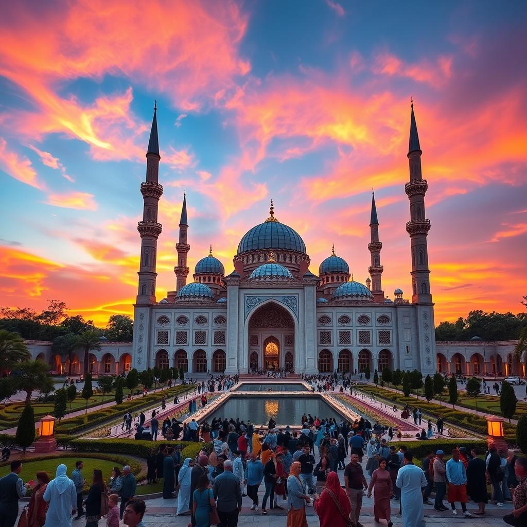 A stunning view of a grand mosque at sunset, showcasing intricate architectural details like arabesque patterns and high minarets against a vibrant sky painted in hues of orange and pink