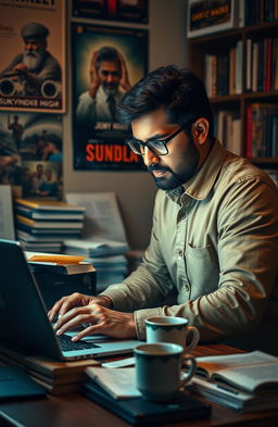 A cinematic portrait of Sukhvinder Singh, a movie writer, deeply focused at his desk, surrounded by stacks of scripts and a laptop glowing with inspiration