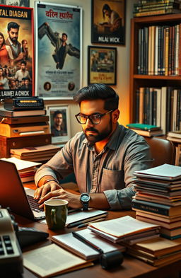 A cinematic portrait of Sukhvinder Singh, a movie writer, deeply focused at his desk, surrounded by stacks of scripts and a laptop glowing with inspiration