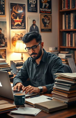 A cinematic portrait of Sukhvinder Singh, a movie writer, deeply focused at his desk, surrounded by stacks of scripts and a laptop glowing with inspiration