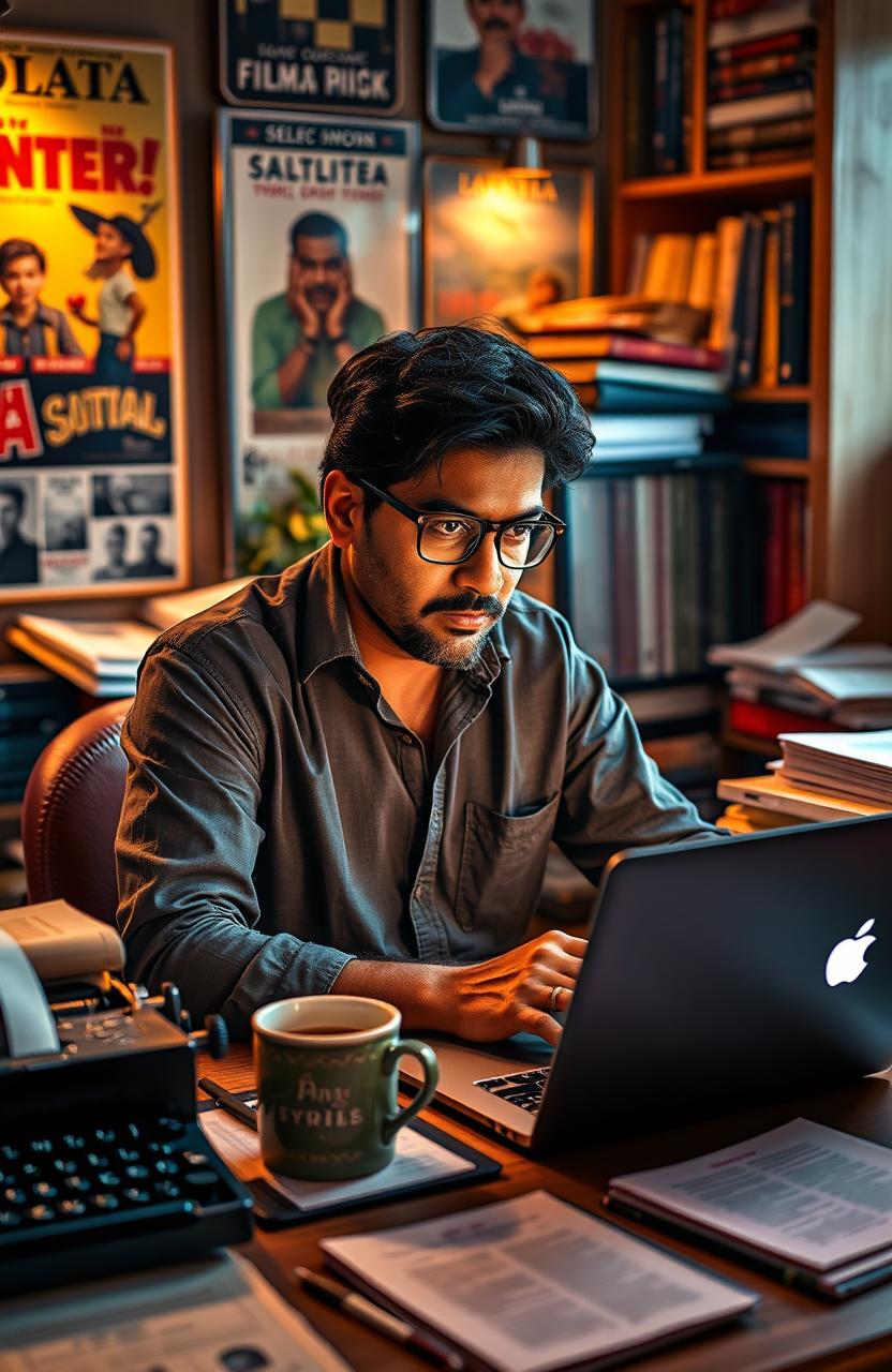 A cinematic portrait of Sukhvinder Singh, a movie writer, deeply focused at his desk, surrounded by stacks of scripts and a laptop glowing with inspiration