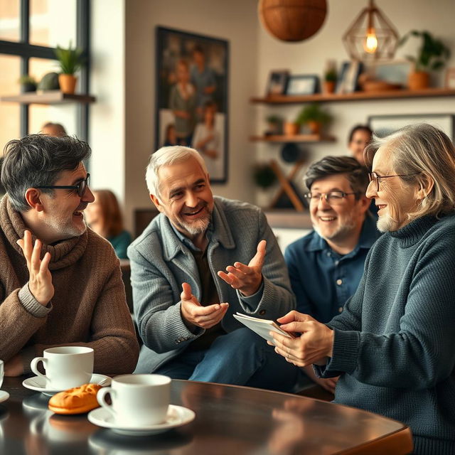 A dynamic scene capturing an English language conversation taking place in an inviting cafe