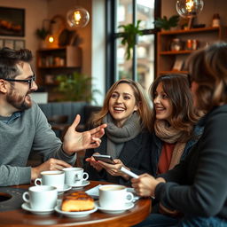 A dynamic scene capturing an English language conversation taking place in an inviting cafe