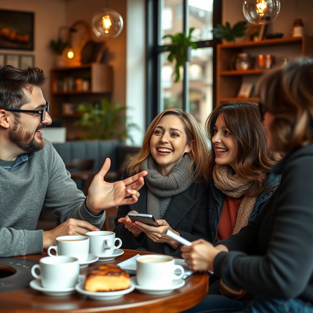 A dynamic scene capturing an English language conversation taking place in an inviting cafe