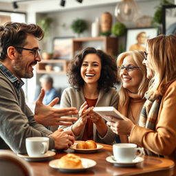 A dynamic scene capturing an English language conversation taking place in an inviting cafe