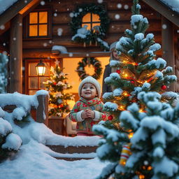 A cozy wooden house in a snowy winter landscape, with warm lights glowing from the windows