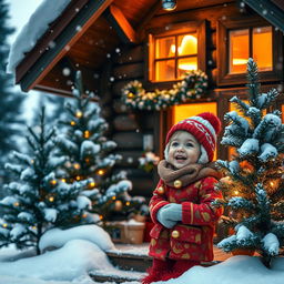 A cozy wooden house in a snowy winter landscape, with warm lights glowing from the windows