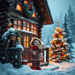 A cozy wooden house in a snowy winter landscape, with warm lights glowing from the windows