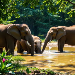 A serene scene of wild elephants drinking water at a tranquil water source, surrounded by lush green forests and vibrant plants under bright daylight