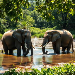 A serene scene of wild elephants drinking water at a tranquil water source, surrounded by lush green forests and vibrant plants under bright daylight