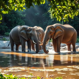 A serene scene of wild elephants drinking water at a tranquil water source, surrounded by lush green forests and vibrant plants under bright daylight