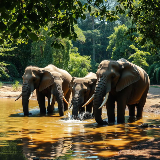 A serene scene of wild elephants drinking water at a tranquil water source, surrounded by lush green forests and vibrant plants under bright daylight