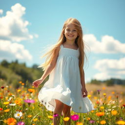 A beautiful young girl with long flowing hair, standing gracefully in a sunlit meadow filled with vibrant wildflowers