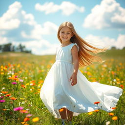 A beautiful young girl with long flowing hair, standing gracefully in a sunlit meadow filled with vibrant wildflowers
