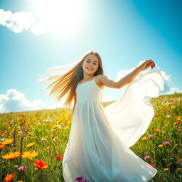 A beautiful young girl with long flowing hair, standing gracefully in a sunlit meadow filled with vibrant wildflowers