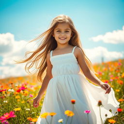 A beautiful young girl with long flowing hair, standing gracefully in a sunlit meadow filled with vibrant wildflowers