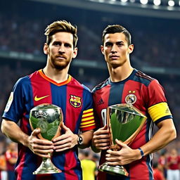 Lionel Messi and Cristiano Ronaldo standing together with a somber expression, holding football trophies in their hands