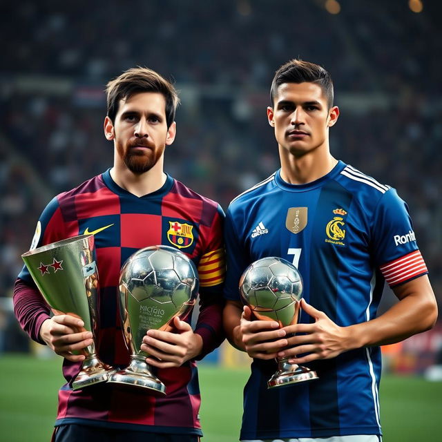 Lionel Messi and Cristiano Ronaldo standing together with a somber expression, holding football trophies in their hands