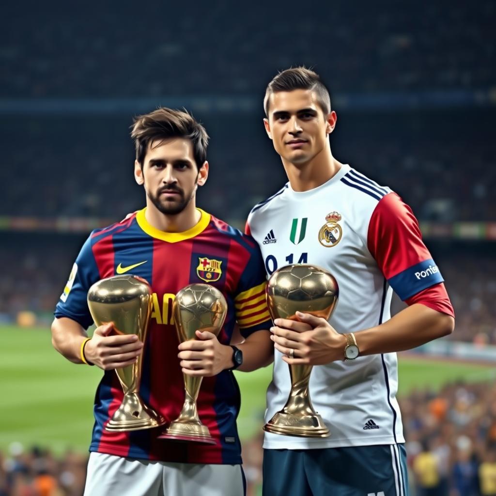 Lionel Messi and Cristiano Ronaldo standing together with a somber expression, holding football trophies in their hands