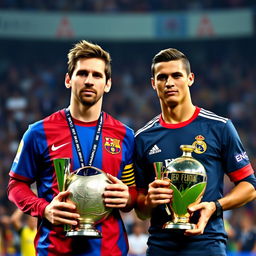 Lionel Messi and Cristiano Ronaldo standing together with a somber expression, holding football trophies in their hands