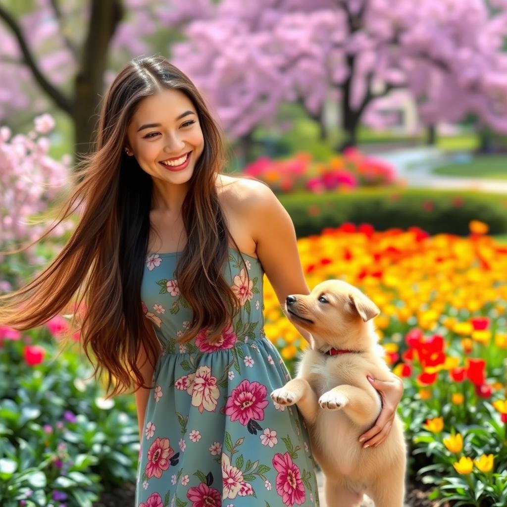 A beautiful young woman with long flowing hair, wearing a stylish summer dress, standing in a scenic park filled with blooming flowers and greenery, her smile radiant as she interacts playfully with a cute puppy, vibrant colors surrounding her creating a joyful atmosphere