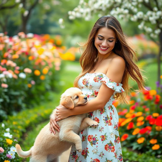 A beautiful young woman with long flowing hair, wearing a stylish summer dress, standing in a scenic park filled with blooming flowers and greenery, her smile radiant as she interacts playfully with a cute puppy, vibrant colors surrounding her creating a joyful atmosphere