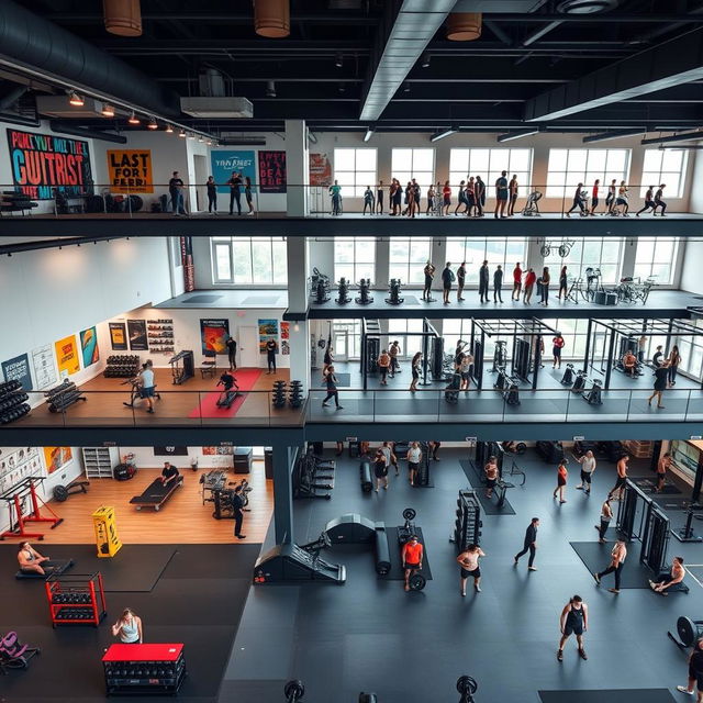 A modern and dynamic gym with three distinct floors showcasing different training levels