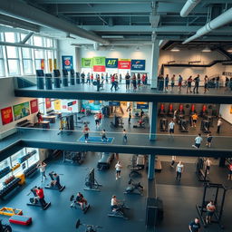 A modern and dynamic gym with three distinct floors showcasing different training levels