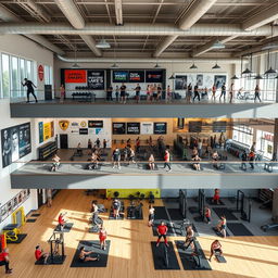 A modern and dynamic gym with three distinct floors showcasing different training levels
