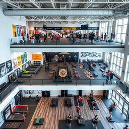 A modern and dynamic gym with three distinct floors showcasing different training levels