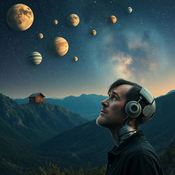 A breathtaking natural landscape under a starry night sky filled with several colorful planets