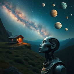 A breathtaking natural landscape under a starry night sky filled with several colorful planets