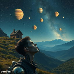 A breathtaking natural landscape under a starry night sky filled with several colorful planets