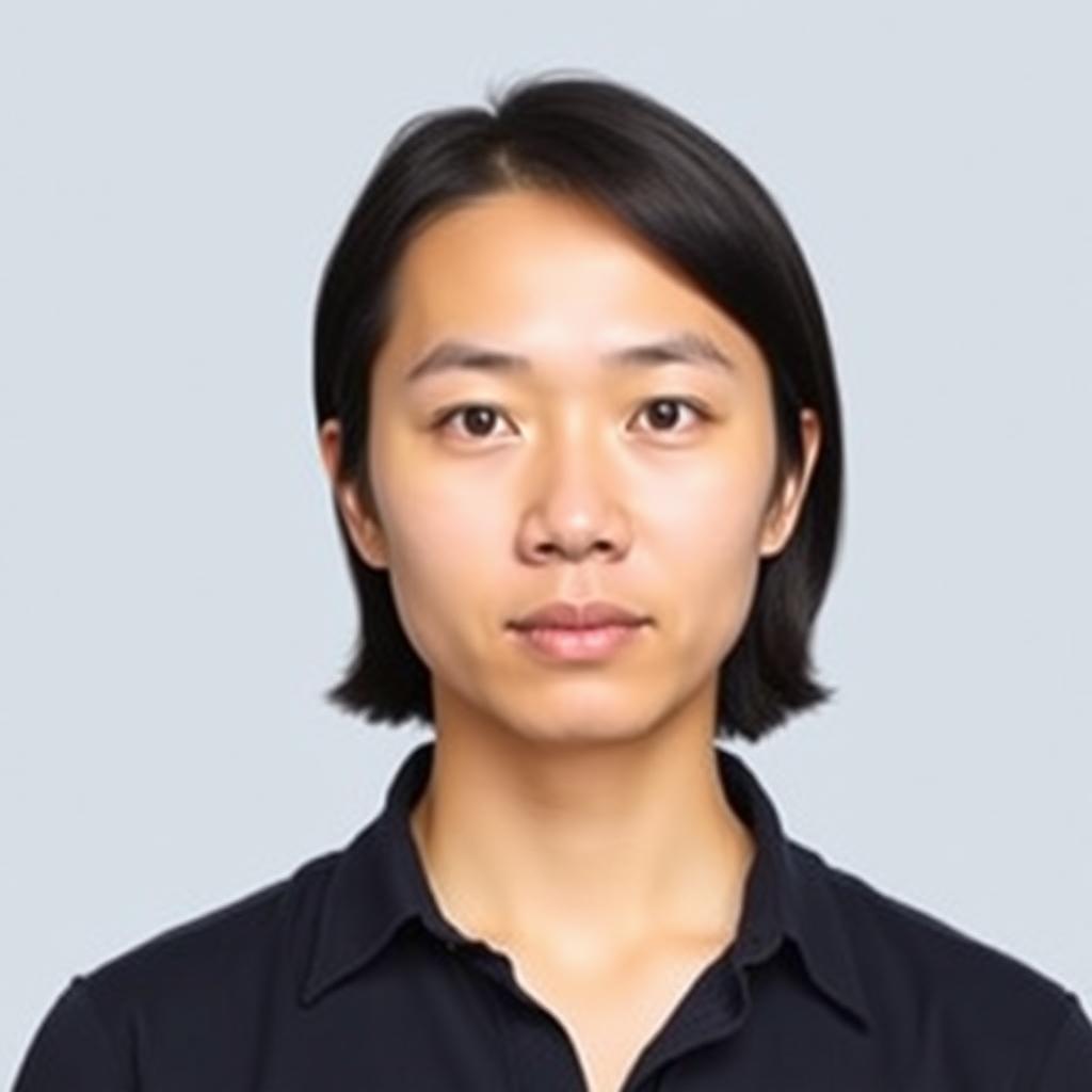 A person standing in a straightforward pose suitable for a passport photo, facing the camera directly with a neutral expression