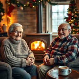 A heartwarming scene depicting elderly grandparents sitting comfortably in front of a traditional wood-burning stove, their faces lit up with joy and warmth during the Christmas season