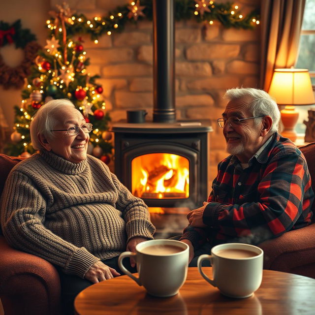 A heartwarming scene depicting elderly grandparents sitting comfortably in front of a traditional wood-burning stove, their faces lit up with joy and warmth during the Christmas season