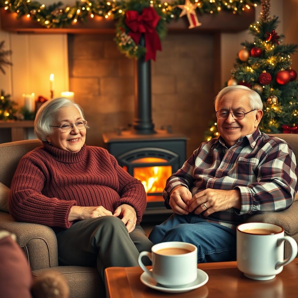 A heartwarming scene depicting elderly grandparents sitting comfortably in front of a traditional wood-burning stove, their faces lit up with joy and warmth during the Christmas season