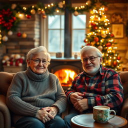 A heartwarming scene depicting elderly grandparents sitting comfortably in front of a traditional wood-burning stove, their faces lit up with joy and warmth during the Christmas season