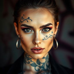 A stunning portrait of a woman exuding confidence and individuality, with an intricate tattoo design beautifully inked on her face