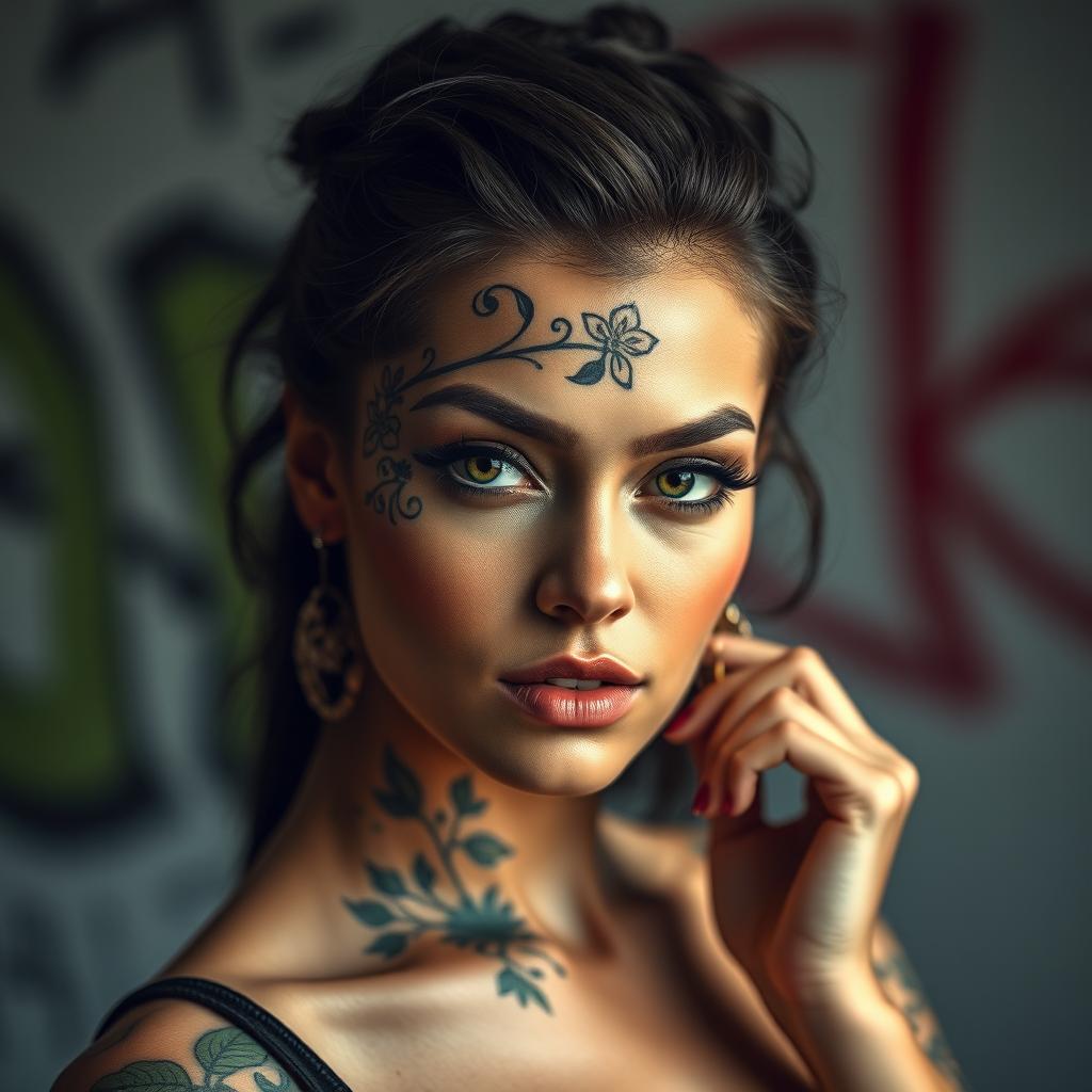 A stunning portrait of a woman exuding confidence and individuality, with an intricate tattoo design beautifully inked on her face