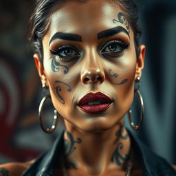 A stunning portrait of a woman exuding confidence and individuality, with an intricate tattoo design beautifully inked on her face
