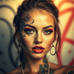 A stunning portrait of a woman exuding confidence and individuality, with an intricate tattoo design beautifully inked on her face