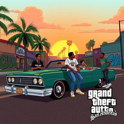 A nostalgic scene inspired by Grand Theft Auto: San Andreas, featuring a vibrant cityscape reminiscent of Los Santos during the sunset