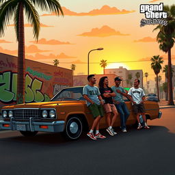 A nostalgic scene inspired by Grand Theft Auto: San Andreas, featuring a vibrant cityscape reminiscent of Los Santos during the sunset