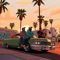 A nostalgic scene inspired by Grand Theft Auto: San Andreas, featuring a vibrant cityscape reminiscent of Los Santos during the sunset
