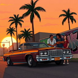 A nostalgic scene inspired by Grand Theft Auto: San Andreas, featuring a vibrant cityscape reminiscent of Los Santos during the sunset