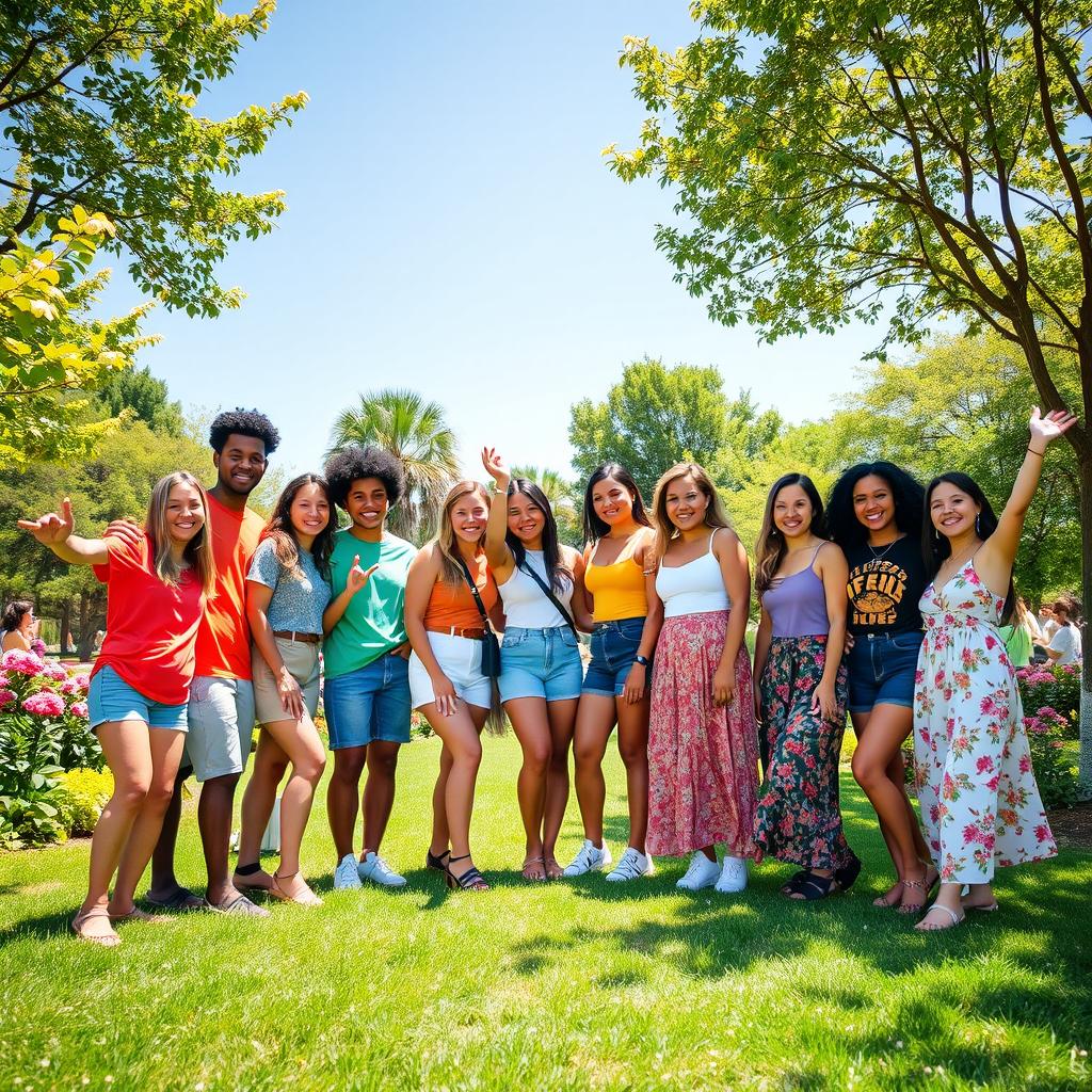 A vibrant group photo featuring a diverse group of ten friends standing together in a park on a sunny day