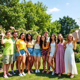 A vibrant group photo featuring a diverse group of ten friends standing together in a park on a sunny day