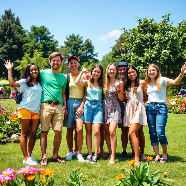 A vibrant group photo featuring a diverse group of ten friends standing together in a park on a sunny day