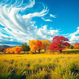 An abstract representation of a strong wind blowing through a vibrant landscape